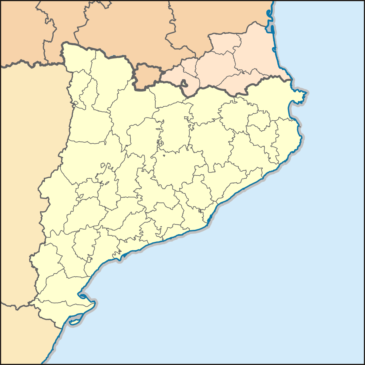 Mapa fix de Catalunya i la Catalunya Nord dividit per comarques